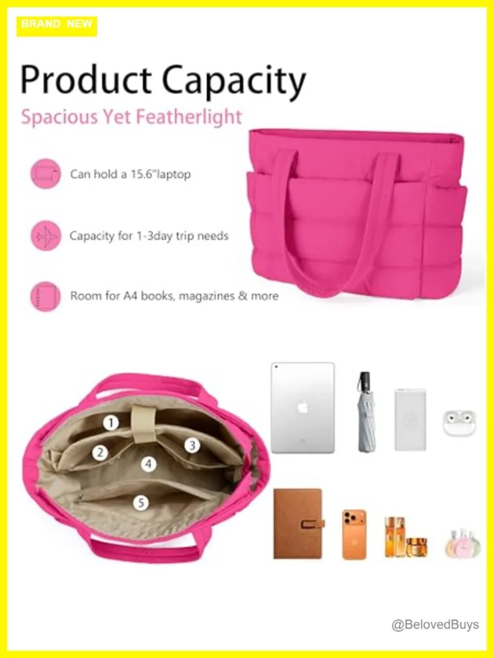 Lightweight Puffy Quilted Tote Bag with Multiple Compartments, Travel Work Gym